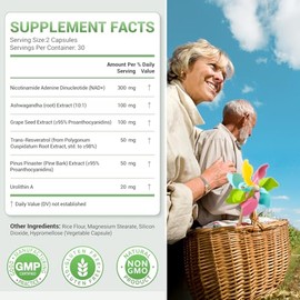 Suplemento NAD+ 620mg 6 en 1 con resveratrol Ashwagandha 60 cápsulas
