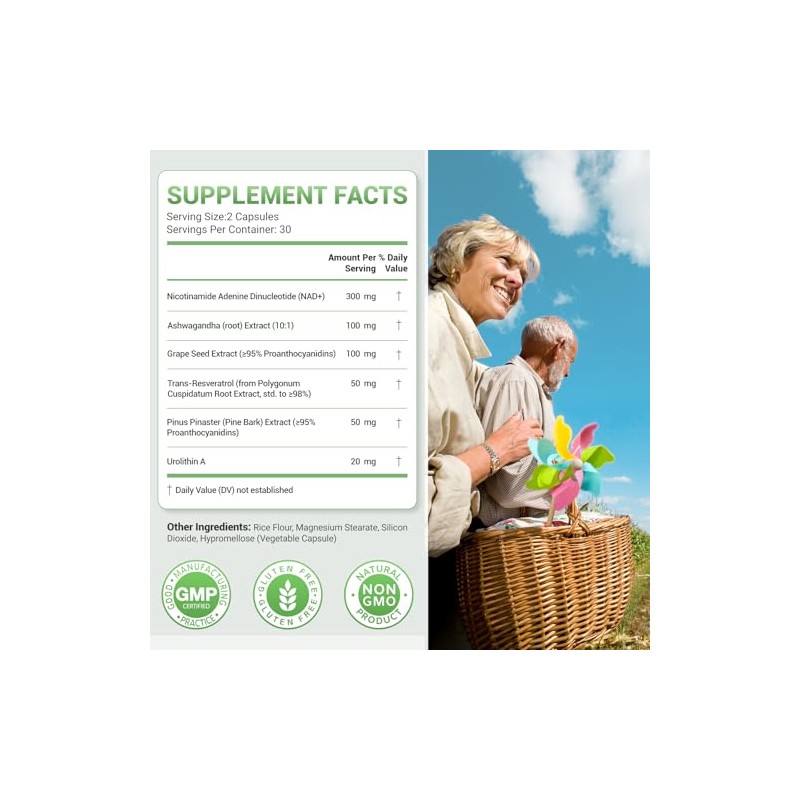 Suplemento NAD+ 620mg 6 en 1 con resveratrol Ashwagandha 60