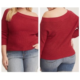 Torrid Relaxed Fit Rib Trim Off Shoulder Pullover Sweater Red 00 M/L 10 #B71558