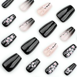 24 Pcs Spring Press On Nails Short Ballerina Square,YEFIUO Medium Black Fake Nails Press ons Nail Art Tips Acrylic Nail Kit Glue on Nails Full Cover False Nails with Flowers Glossy Design for Women