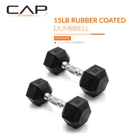 CAP Barbell 15 LB Rubber Coated Hex Dumbbell Hand Weight - Pair | Chrome Handle