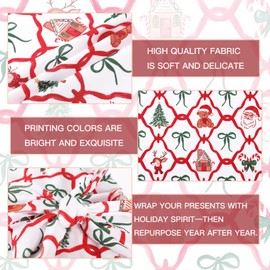 RUSPEPA 26" Reusable Christmas Cloth Wrap, 1 Fabric Wrap with Santa, Bear, Candy Cane, Bow, Gingerbread House Design on Natural Cotton, Cute Reusable Wrapping for Holiday Party, Winter Gifts