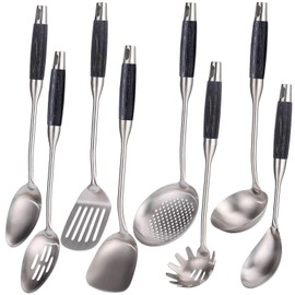 304 Stainless Steel Kitchen Utensils Set with Wooden Handle, 8-Pieces 15”Long Cooking Utensil Set & Kitchen Gadgets Cookware Set, Serving Utensils-Spatula, Tunner, Pasta, Serving Spoon, Skimmer, Ladle