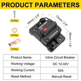 DMiotech 50A Circuit Breaker, 12-32V DC Automotive Inline Fuse Holders Inverter with Manual Reset Button Wire Lugs Washer Screws for Car Marine Boat Audio System Overload Protection