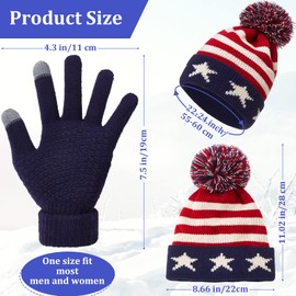6 Pcs American Flag Winter Beanie Hat Touchscreen Gloves Set, USA Beanie Hat American Flag Pom Knit Beanie Hat for Women Men (Fresh Style)