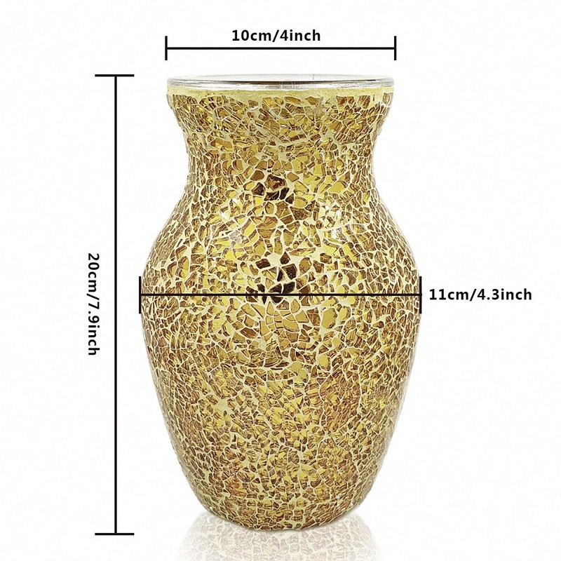 JASMODAAURA Tempered Mosaic Glass Vase 7.8inch (Gold)