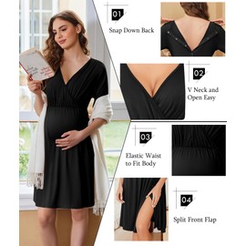 Ekouaer Labor/Delivery/Hospital Gown Short Sleeve Maternity Nursing Nightgown with Button Pregnancy Clothes Black XXL