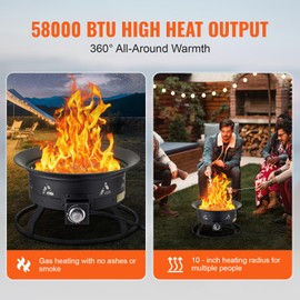 VEVOR Propane Fire Pit, 24-Inch Diameter Outdoor Portable Gas Fire Pit with Cover & Lava Rocks, Adjustable Flame Height Camping Firepit for Heating, Lighting, Gathering, 58,000 BTU, Black