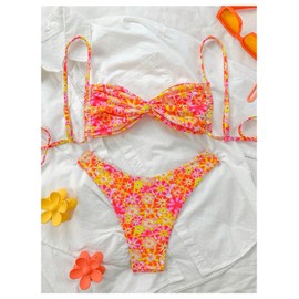 Verdusa - Conjunto de bikini bohemio de 2 piezas para mujer con lazo y corte alto, Naranja, Small