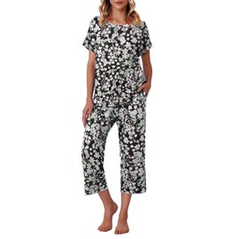 Ekouaer Women's Capri Pajama Sets Floral Print Short Sleeve Sleepwear Top and Capri Pants 2 Piece Loungewear with Pockets Black Flowers XL