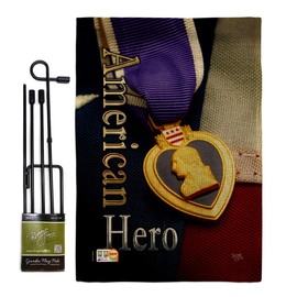 Breeze Decor GS108407-DB Purple Heart Hero Burlap Americana Military Veteran Decorative Gift Vertical 13" x 18.5" Double Sided Garden Flag Set Metal Pole Hardware Made in USA