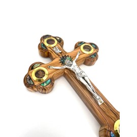 Holy Land Crafts Carved Wooden Crosses, Catholic Crucifix for Wall, 7 inch Olive Wood Cross with Relics and Mother of Pearl, Catholic Cross for Home, Cross Gift for Holy Communion