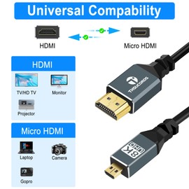 Thsucords Ultra Delgado 8K 4K Micro HDMI Cable 2M, Fino Flexible Micro HDMI 2.1 Cable 48Gbps de alta velocidad 8K@60hz, 4K@120hz Compatible con Gopro Raspberry pi4 Sony camera Nikon