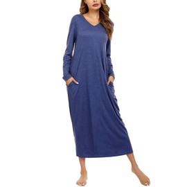 Sykooria Women's Long Nightgown Cotton Baggy Nightdress Plus Size Nightshirt Long Sleeve V Neck Sleep Dress Casual Sleepwear With Pockets(Dark Blue,XL)