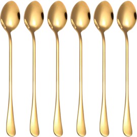 Latte Spoons,Set of 6 Long Handle Spoons,19cm Stainless Steel Coffee Spoons, Ice Tea Spoons, Espresso Spoons, Dessert Spoons for Coffee Tea Dessert Sundae(Gold)