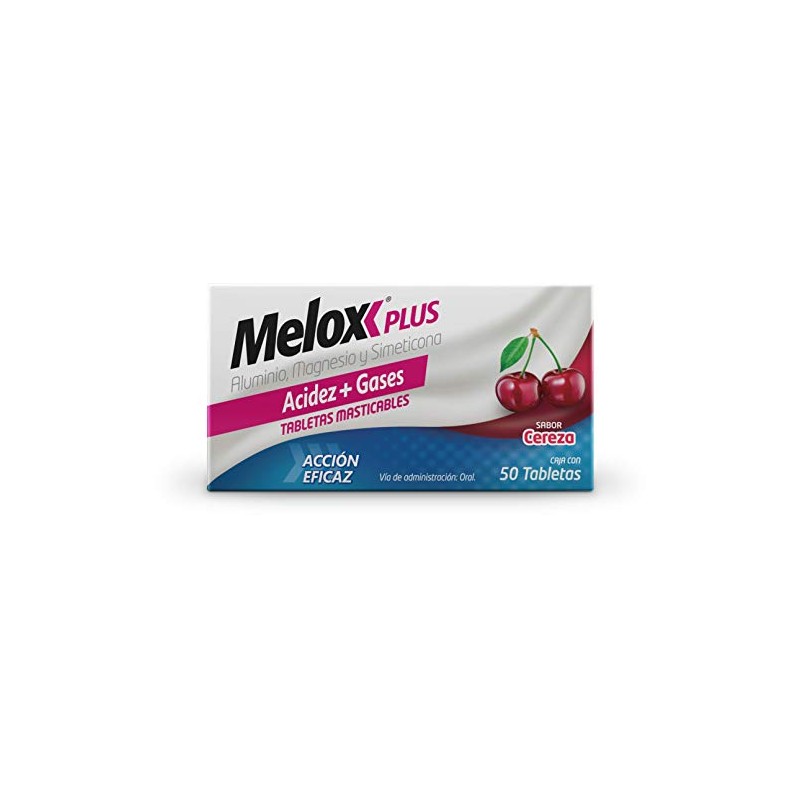 Melox Plus Cereza antiácido y Antigas Tabletas 50 Cuentas