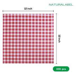 NATURALABEL 100 Pcs Wax Paper, 12" x 12" Red and White Checkered Greaseproof Paper, Wax Paper Sheets for Food, Basket Liners Sandwich Wrap Paper, Deli Paper for Rave Party BBQ Picnic Party