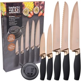 Taylors Eye Witness 5pc Kitchen Knife Gift Set - Brooklyn Rose Gold Colored Bolsters, Matching Razor Sharp Titanium Coated Blades. Soft Grip Handles. 2yr Peace of Mind. Extra Sharpener for Knives