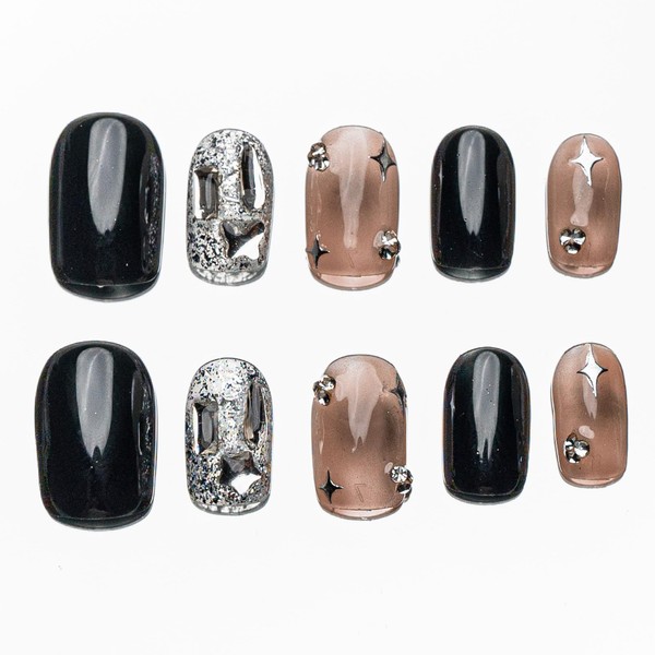 Sun&Beam Nails Handmade Nail Tip, Short, Square, Black, Silver, Brown,