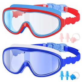DAVBNM 2 Pack Kids Swimming Goggles, Swim Goggles for Children and Early Teens from 3 to 15 Years Old, Nti-fog, Waterproof, Nose Clip Ear Plugs, Red and Blue