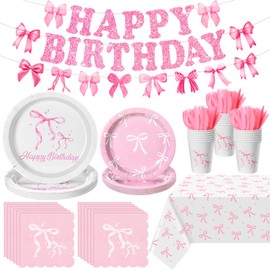 Mimorou 172 Pcs Pink Bow Birthday Party Supplies Coquette Cute Bachelorette Party Decor with Pink Bow Napkins Plates Cups Forks Tablecloth Banner Pink Bow Theme Tableware for Girl Birthday Baby Shower