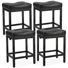 DUMOS Bar Stools Set of 4, 24 inch Counter Height Saddle Stools, Upholstered Modern Kitchen Barstools with Metal Base, PU Leather for Kitchen Island, Black