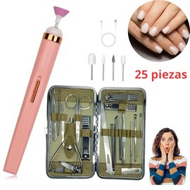Kit Manicura y Pedicura Profesional (25 Pzas) | Set Completo de Uñas: Esmeril Eléctrico USB (5 Puntas) + Kit de Acero Inoxidable (20 Pzas) | Cortaúñas