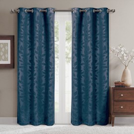 Virginia Navy Grommet Blackout Weave Embossed Window Curtains Drapes, Pair/Set of 2 Panels, 37x63 inches Each, by Royal Hotel
