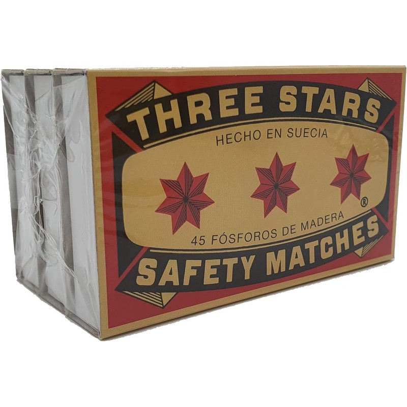 Three Stars Safety Matches, 3 Pack, Strike-On-Box