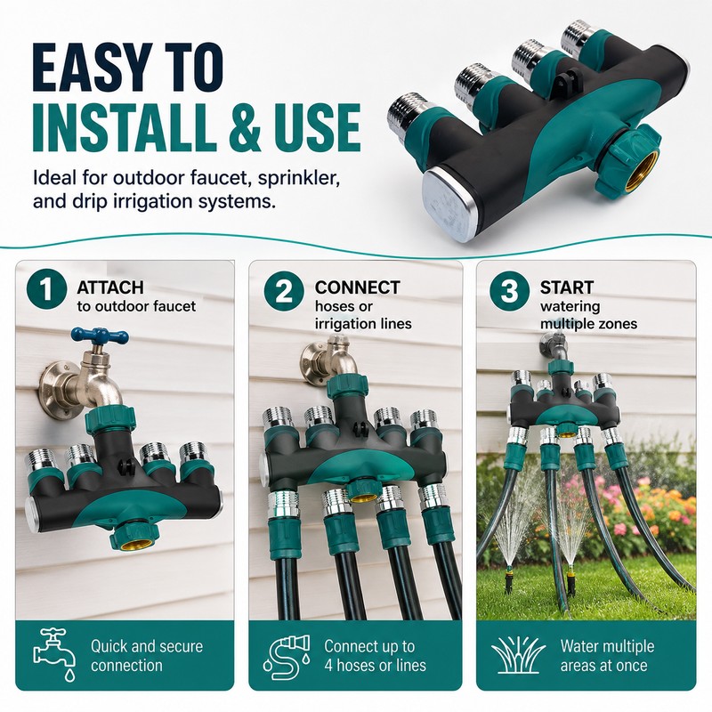 4-Way Garden Hose Connector for Outdoor Faucets – Zinc Alloy