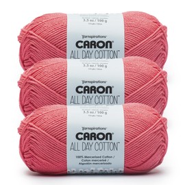 Caron All Day Cotton - 3 Pack of 173 Yards/3.52 oz, Cherry, 100% Mercerized Cotton Yarn