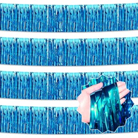 Paquete de 4 guirnaldas de flecos de aluminio de oropel azul lago de 10 pies, guirnalda de aluminio metálica brillante para colgar en la pared para banquetes, flotadores de desfile, Navidad, Año