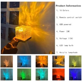 Kiuwxduy Water Light Wave Cube Lamp，USB Powered Water Ripple Lamp Flowing Light and Shadow Ripples Crystal Night Light Romantic Room Decor Lamp