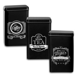 hibuy Set of 3 Retro Tin Canisters, Coffee Canister, Tea Tin & Sugar Bowl, Storage Jars with Lid, Colour: Black and White, 19 x 11 cm