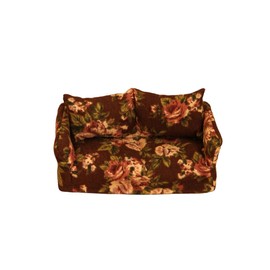 Dollhouse Removable Sofa,1:12 Wooden Dollhouse Floral Double Couch with Pillow,Old pastoral style Miniature Doll House Furniture Accessories for Living Room (Brown)