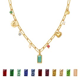 Sundurich Gold Birthstone Charm Necklaces for Women,14K Gold Plated Dainty Emerald Red Blue Green Diamond Birthstone Necklace 12 Month Birthstone Jewelry Birthday Gifts for Women 12