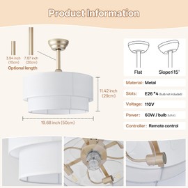 Glmthux 20" Boho Ceiling Fans with Lights, Fabric Fandelier Chandelier Ceiling Fan with Light Remote Control, Caged with 6 Speeds for Bedroom, Nursery(White)