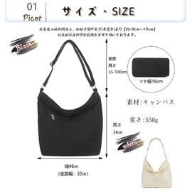 KMRHM 014 Canvas Tote Bag, Shoulder Bag, Detachable Shoulder Pad, Metal Buckle, Good Quality Zipper, 2 Inner Pockets, Large Capacity, Unisex, Boston Type, 014A-Black