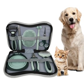 Grooming Brush Kit - 8 Pcs for Shedding & Matted Fur, Self-Cleaning with Flea Comb, Includes Indoor Microbrush, Cat Toothbrush Collapsible Dog Bowls for Travel