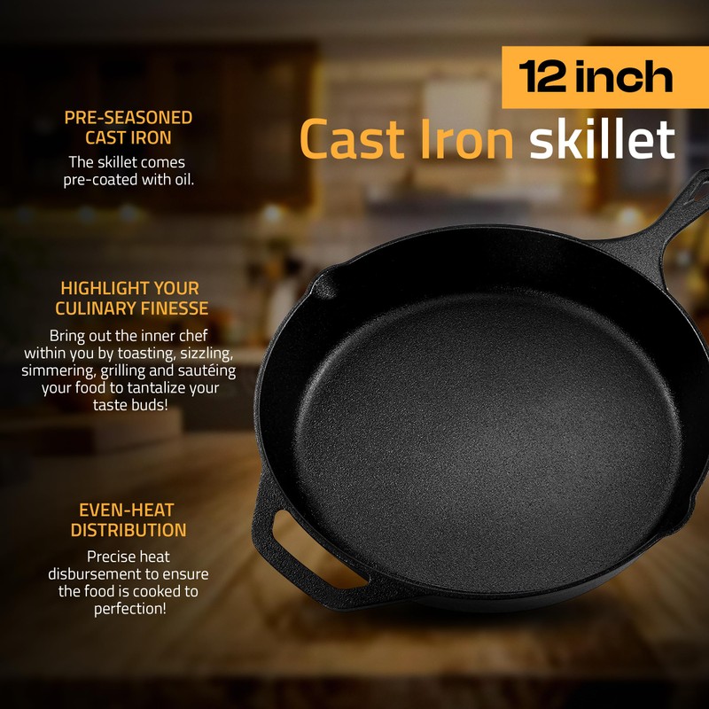 Utopia Kitchen Cast Iron Skillets 12 Inch, Chef's Pan, Pre-Seasoned