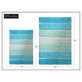 Chardin Home Cordural Stripes Bath Mat, Set of 2 Bath Rugs (17 Inches x24 Inches & 21 Inches x34 Inches) | Non Slip Bathroom Rug, Machine Washable, Plush, Highly Absorbent | Aqua Turquoise Ombre