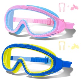 LYBHDAFA 2 Pack Kids Swim Goggles for 3-15 - HD Children's Large Frame Anti-Fog Pool Swimming Goggles for Boys Girls Toddler (Pink Blue & Blue Yellow)