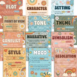 Pasimy 12 Pcs Boho Literary Elements Posters Set Literature Classroom Decorations Story Elements Bulletin Board Educational Art Prints Rainbow Study Materials for Teacher School (Groovy)