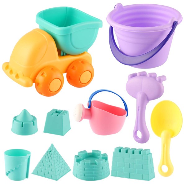 MIFXIN Kids Beach Toys Toddlers Sand Toys Set 11pcs with Sand Truck Bucket Shovels Rakes Beach Castle Molds Water Can
