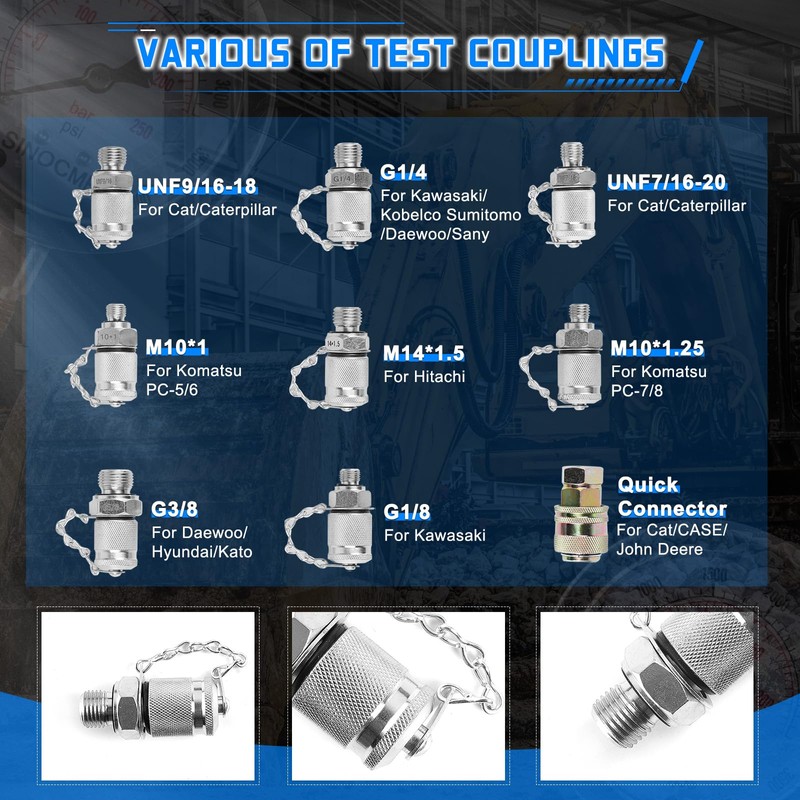 SINOCMP Hydraulic Pressure Gauges Test Kit 4000/6000/10000PSI, 9 Couplings 3