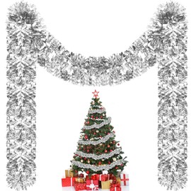 Riceshoot 131.23 ft Christmas Tinsel Garland Metallic Tinsel Twist Garland Bulk Christmas Tree Decorations Christmas Tinsel Glittering Hanging Garlands for Xmas Party Decor(Silver)