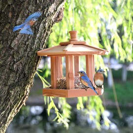 Liawm Wooden Bird Feeder for Outdoors Hanging, Red Cedar Hexagon Shaped Large Capacity, Cardinal Birdfeeder for Garden Decoration Yard, Weatherproof and Durable(Large)