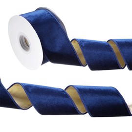 PATIKIL 2.5 Inch x 10 Yards Velvet Wired Ribbon, Metallic Crushed Velvet Christmas Ribbon Single Faced Gift Wrapping Binding for Crafts Christmas Tree Decoration Wreaths, Dark Blue