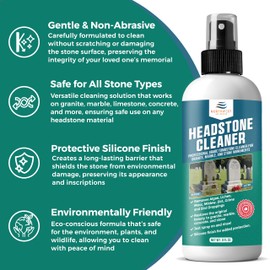 Cemetery Headstone Cleaner for Graves - Tombstone Cleaning Solution Removes Dirt, Moss, and Plant Growth - Restores & Cleans Marble, Granite, Concrete, Slate, & Limestone - Protective Finish (8 Fl oz)