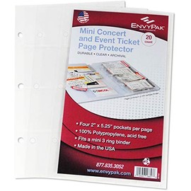 EnvyPak Concert Ticket Sheet Protector (Refill Pages) - Top Loading, Clear Archival Safe- Holds Four 2â x 5 â Stubs - Pack of 20